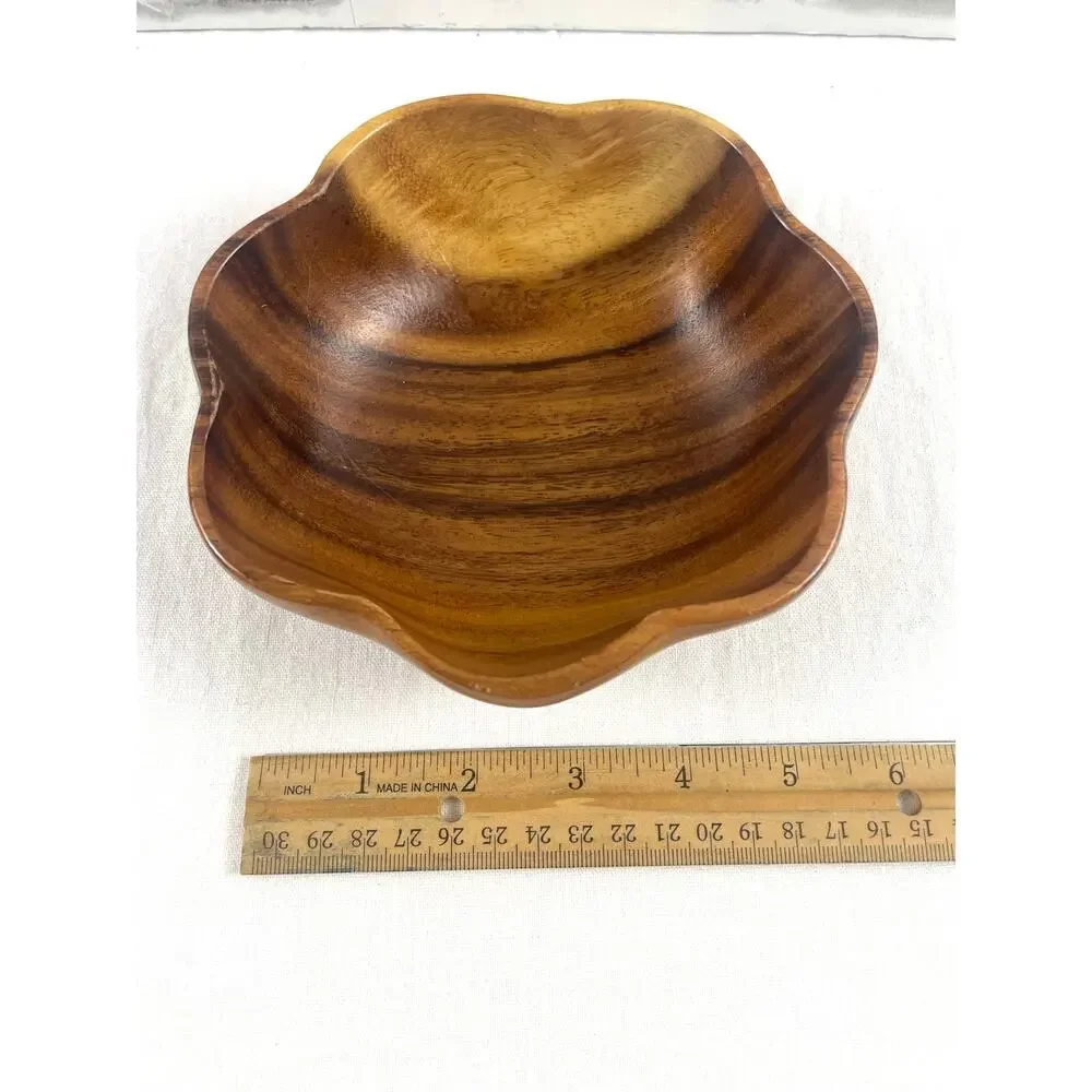 Vintage Monkey Pod Wood Bowl Scalloped Flower Mid Century Serving 6 Inch